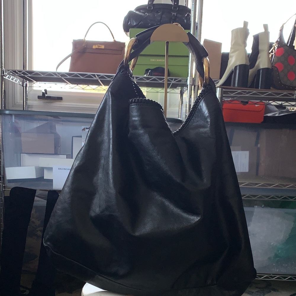 Gucci Black Leather Hobo with Gold Handle Detail